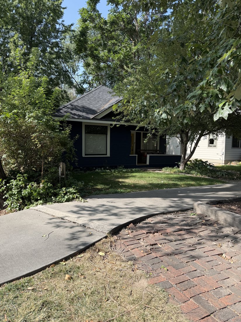 North side, viewed from the south. Opposite front oblique with roof, porch edge, and driveway; vegetation screens the house.