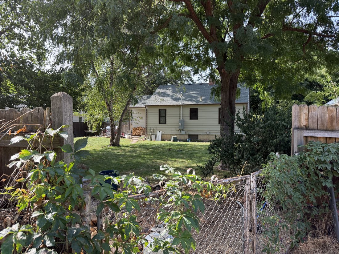 North side, viewed from the south. Rear of the house across the fenced yard; vegetation limits the elevation view.