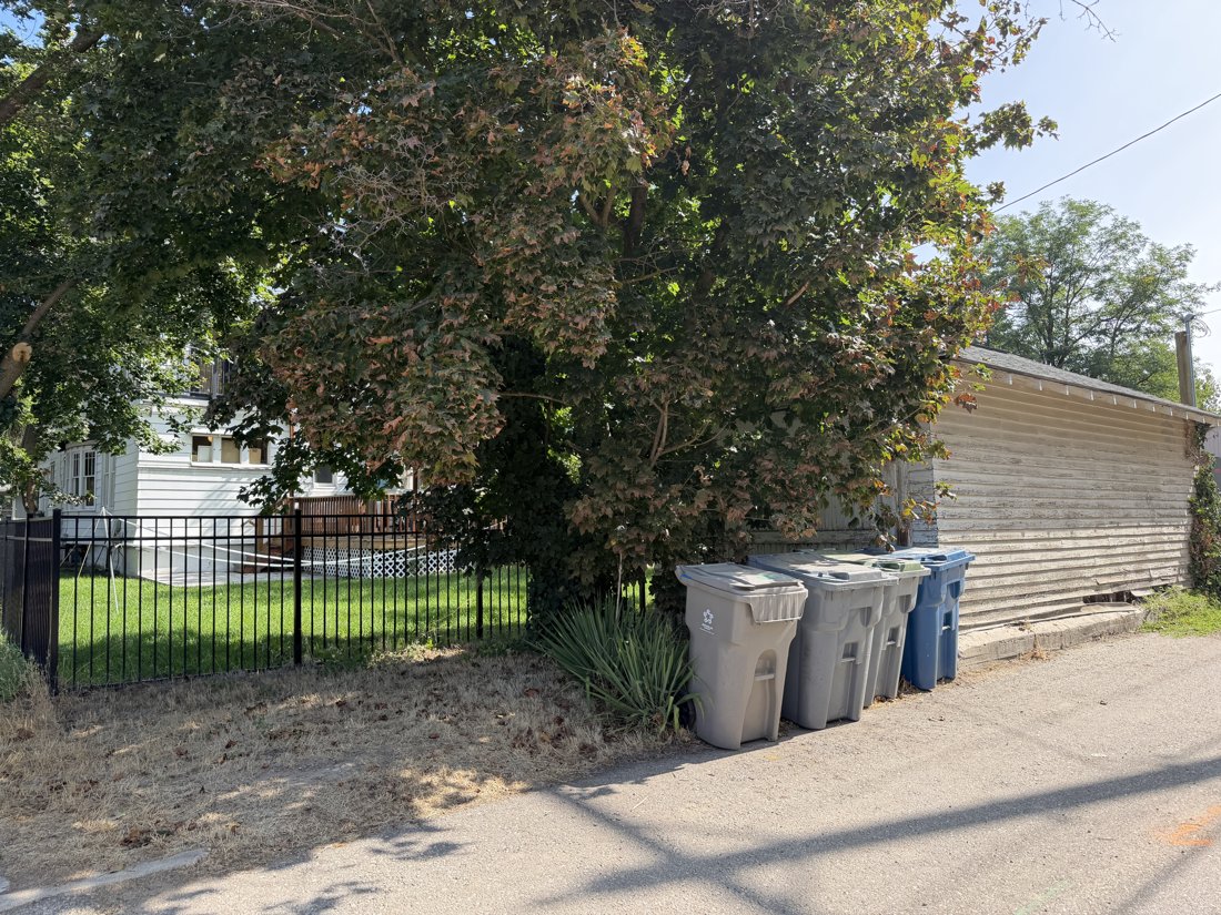 South side, viewed from the west. View of the rear yard and associated building fabric from the service area.