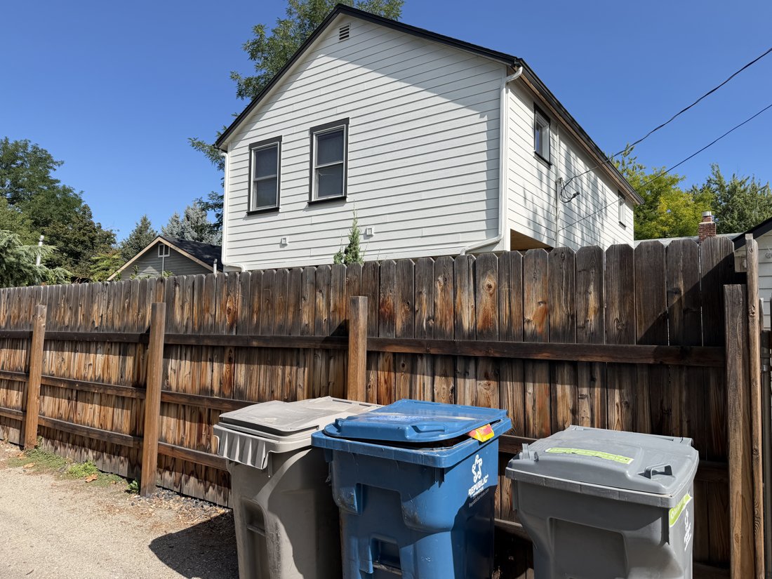 South side, viewed from the southwest. View of the rear yard and associated building fabric from the service area.
